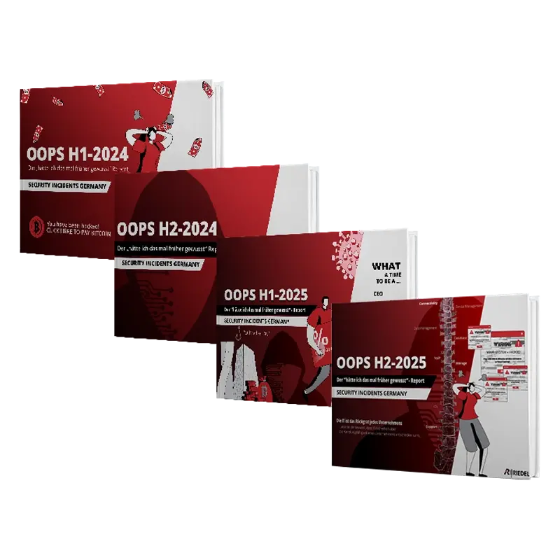 Abbildung eines Report-Bundles mit mehreren nebeneinander und gestaffelt angeordneten OOPS-Reports (H1 2024, H2 2024, H1 2025, H2 2025). Die Cover sind überwiegend rot gestaltet, zeigen Illustrationen und tragen den Titel ‚OOPS‘ mit Jahres- und Halbjahresangaben.