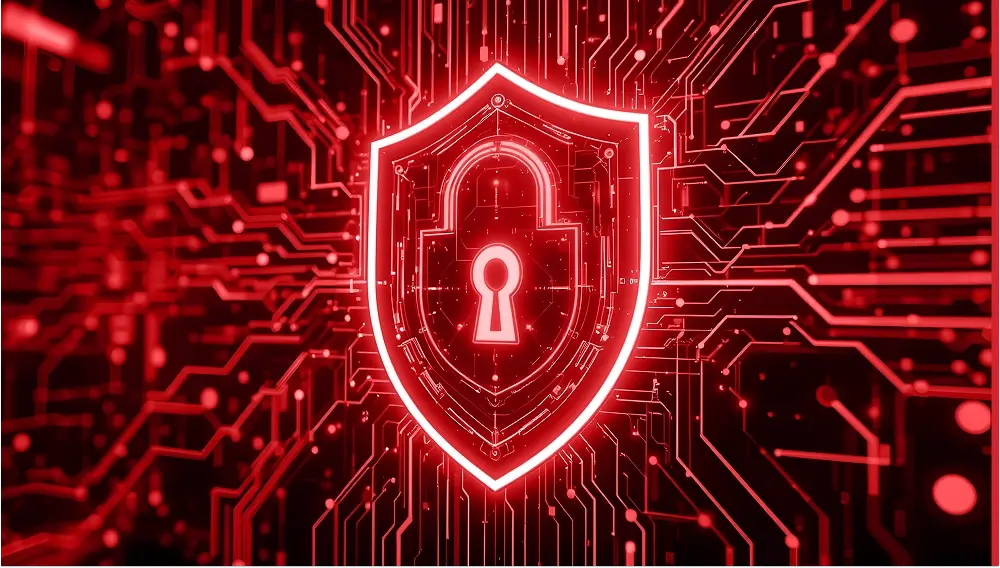 Digital sign with integrated padlock symbol in the center, surrounded by red conductor tracks and circuits. The background shows an abstract network of lines and dots.